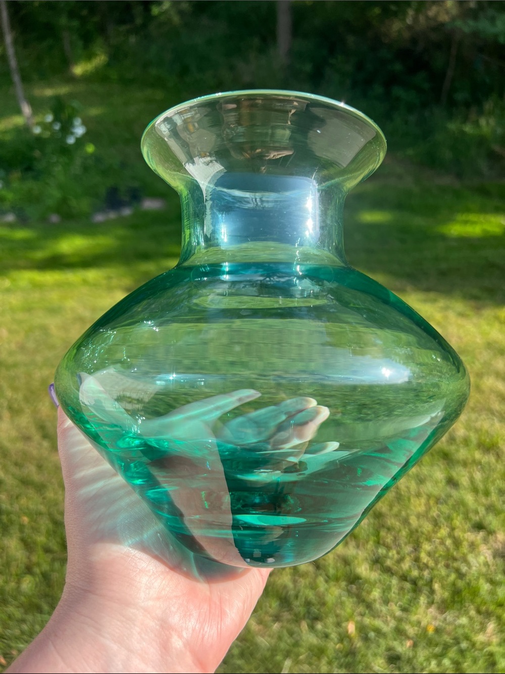Vintage Blenko Mid Century Modern Blown Glass Sea Green Vase Vessel Made in USA